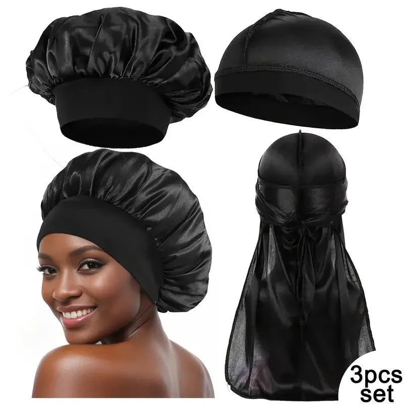 3PCS High Quality Satin Silky Bonnet Unisex Head Wrap Elastic Band Cap Durags Bandanas Long Tail Sleep Shower Cap Turban Hat - NamafadStore