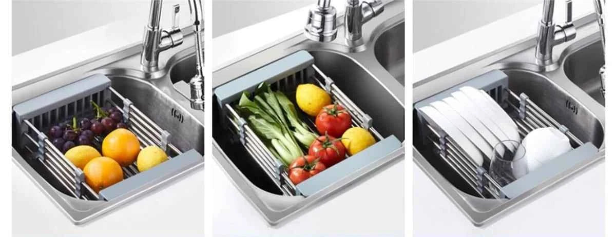 Adjustable Drain Rack Stainless Steel Sink Drain Rack Fruit Vegetable Drain Basket Kitchen Retractable Drying Rack