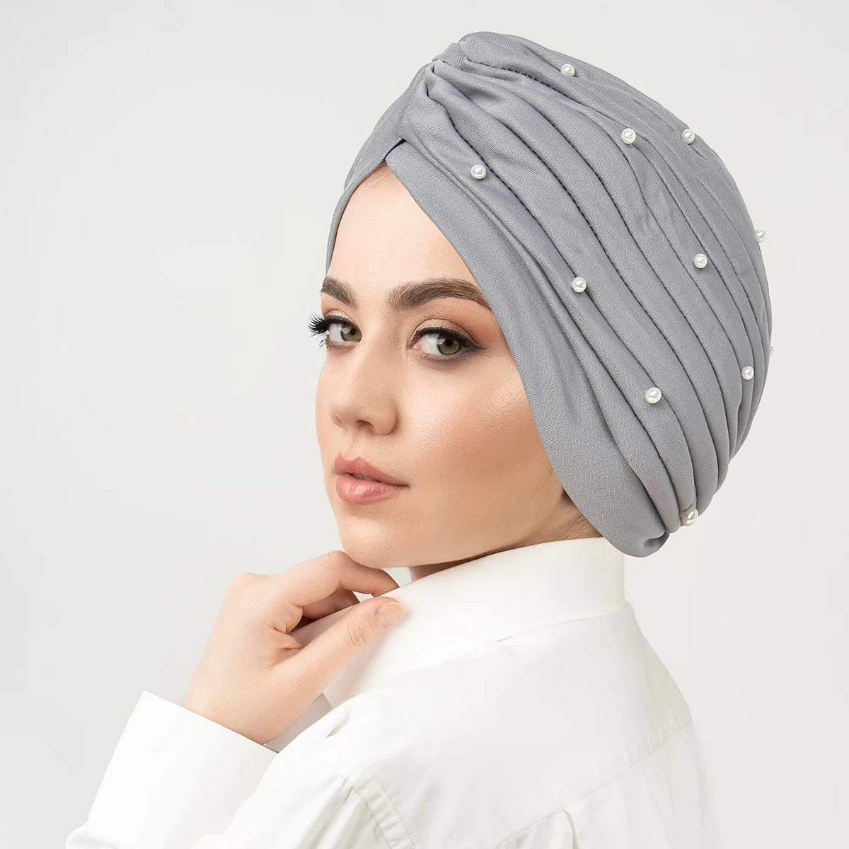 Solid Color Pearl Crinkle Women Muslim Hijab Caps Wrap Head Soft Elastic Ladies Turban Bonnet Islamic Clothing Accessories - NamafadStore