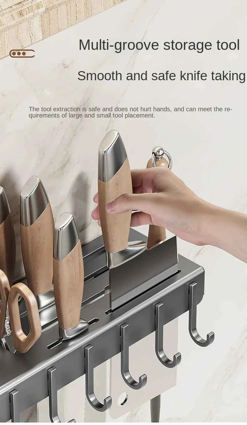 Wall-mounted knife rack for kitchen, multifunctional, no drilling required, knife and utensil holder, chopstick tube, integrated