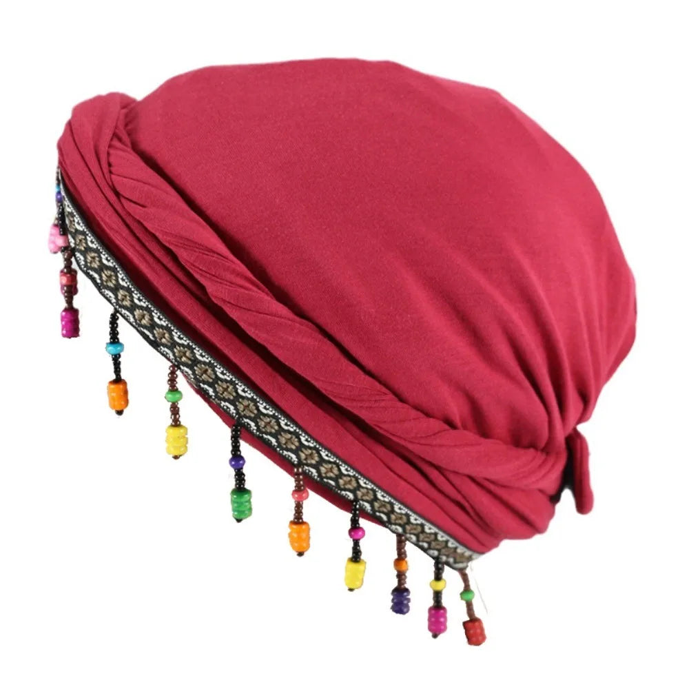 Bonnet Hat Elastic Colorful Beaded Headscarf Breathable Hijab Pre-tie Head Wraps Dome Indian Style Jacquard Pullover Cap Gifts