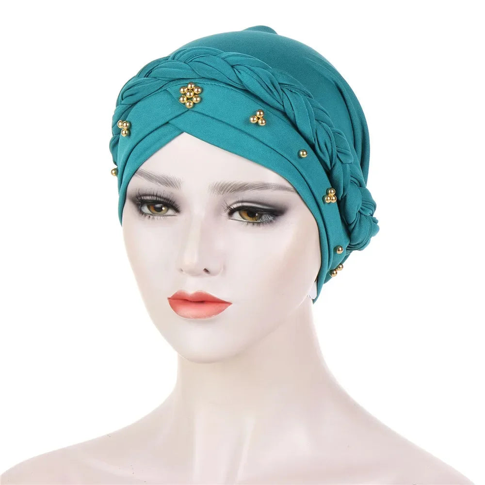 Women Lady Beads Muslim Braid Head Turban Wrap Cover Cancer Chemo Islamic Arab Cap Hat Hair Loss Bonnet Beanies Fashion - NamafadStore