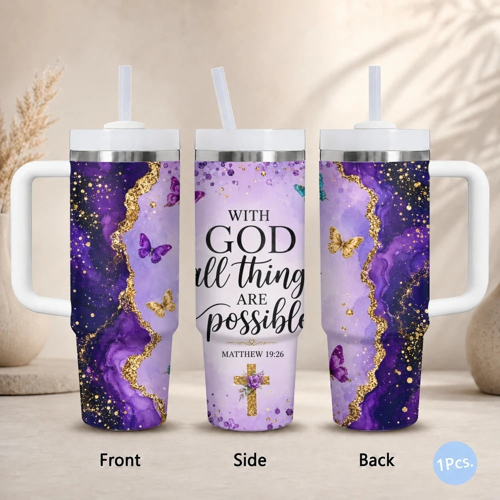 40oz Purple & Gold Glitter Tumbler – Insulated Stainless Steel Travel Mug