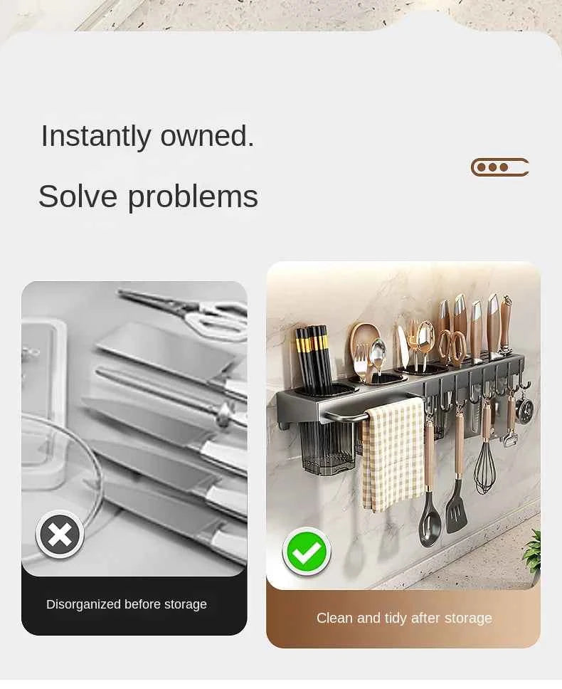 Wall-mounted knife rack for kitchen, multifunctional, no drilling required, knife and utensil holder, chopstick tube, integrated