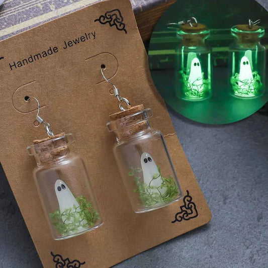 Halloween Adopt A Ghost Tiny Glow Earrings Cute Drifting Bottle Blue Green Luminous Ghost Drop Earrings Day of The Dead Jewelry