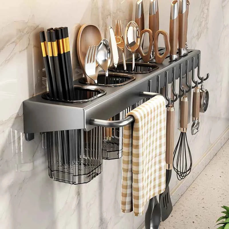 Wall-mounted knife rack for kitchen, multifunctional, no drilling required, knife and utensil holder, chopstick tube, integrated