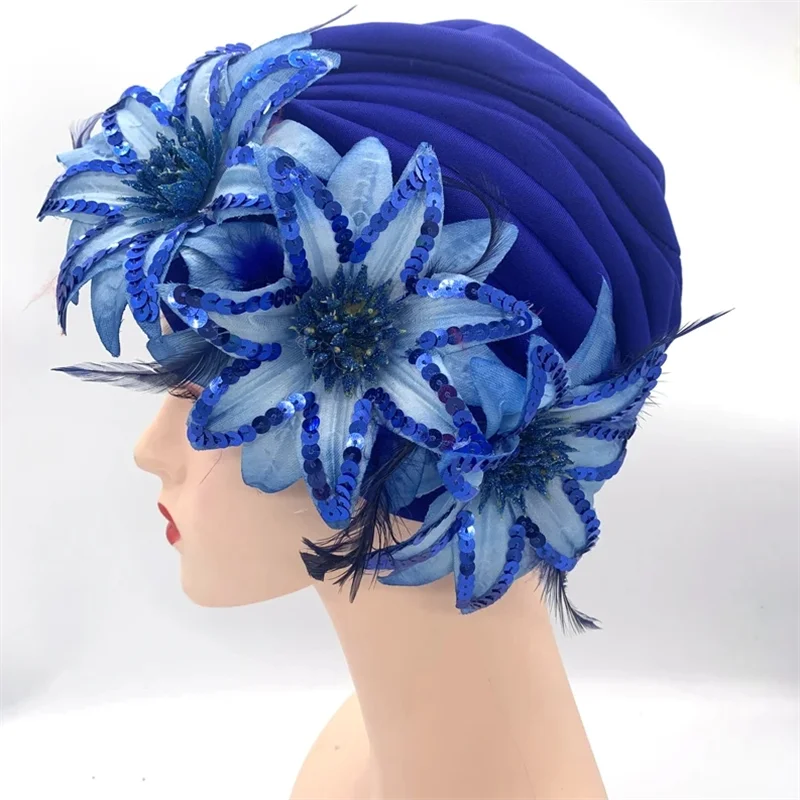 2024 New Feather Sequins Turban Caps for Women Wedding Party Headwear Hat African Headtie Muslim Headscarf Female Head Wraps - NamafadStore