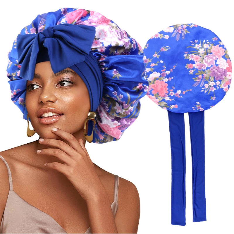New Flower print Silky Bonnet For Sleeping Satin Hair Bonnet With Tie Band Hair Cover Night Shower Cap For Natural Curly Hair - NamafadStore