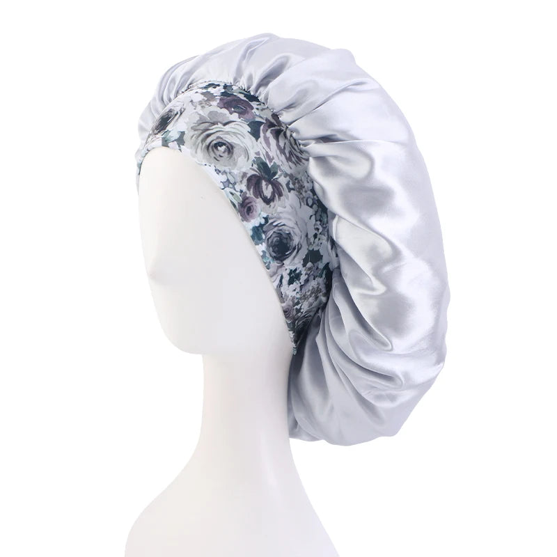 New Big Size Floral Print Bonnet Satin Wide Elastic Band Beanie Night Sleep Caps Head Cover African Headwrap Turban Chemo Caps - NamafadStore