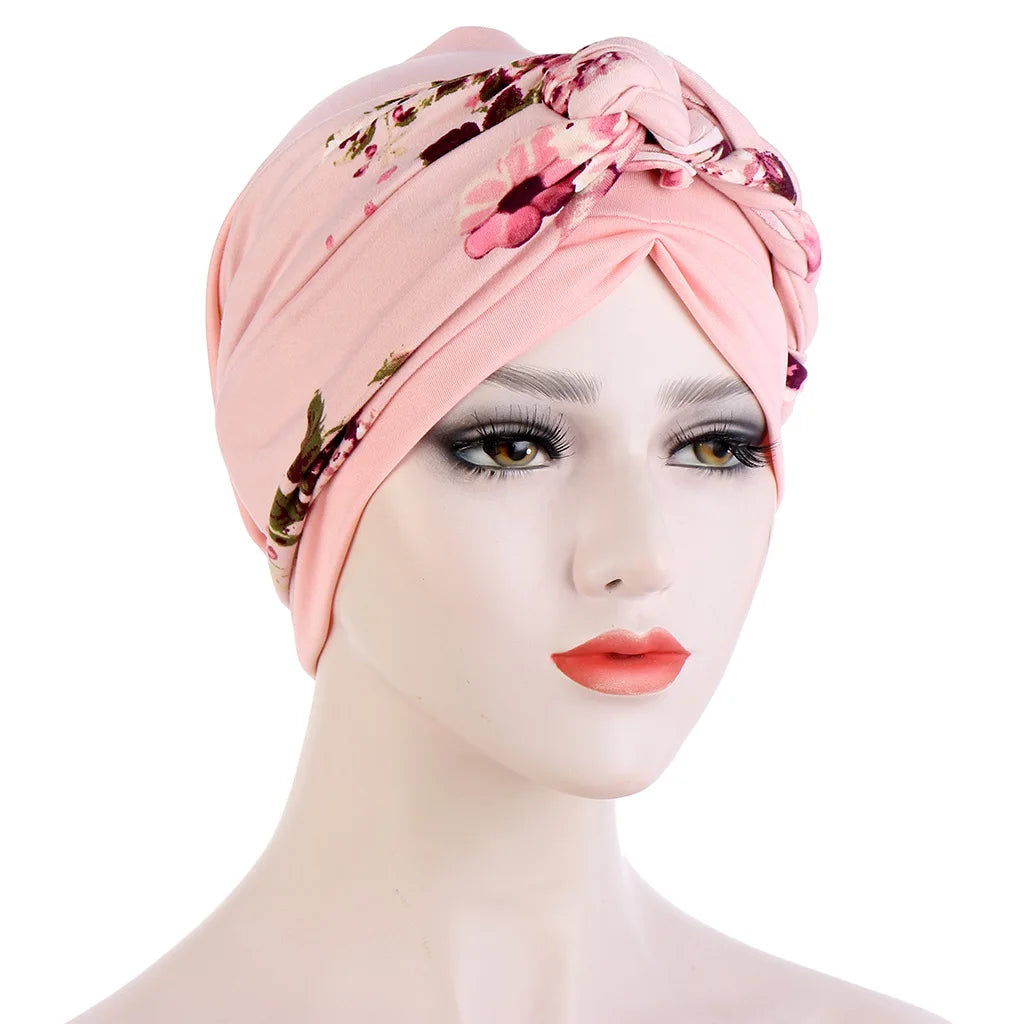 Muslim Women Twist Braid Turban Hats Pre Tied Headscarf Print Flower Hijabs Bandana Chemo Beanies Caps Cover - NamafadStore