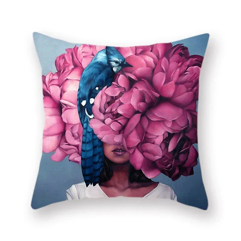 Woman Flower Head Decoration Double-sided Printed pillow cover Short plush Suitable living rooms bedrooms throw cushion cover
