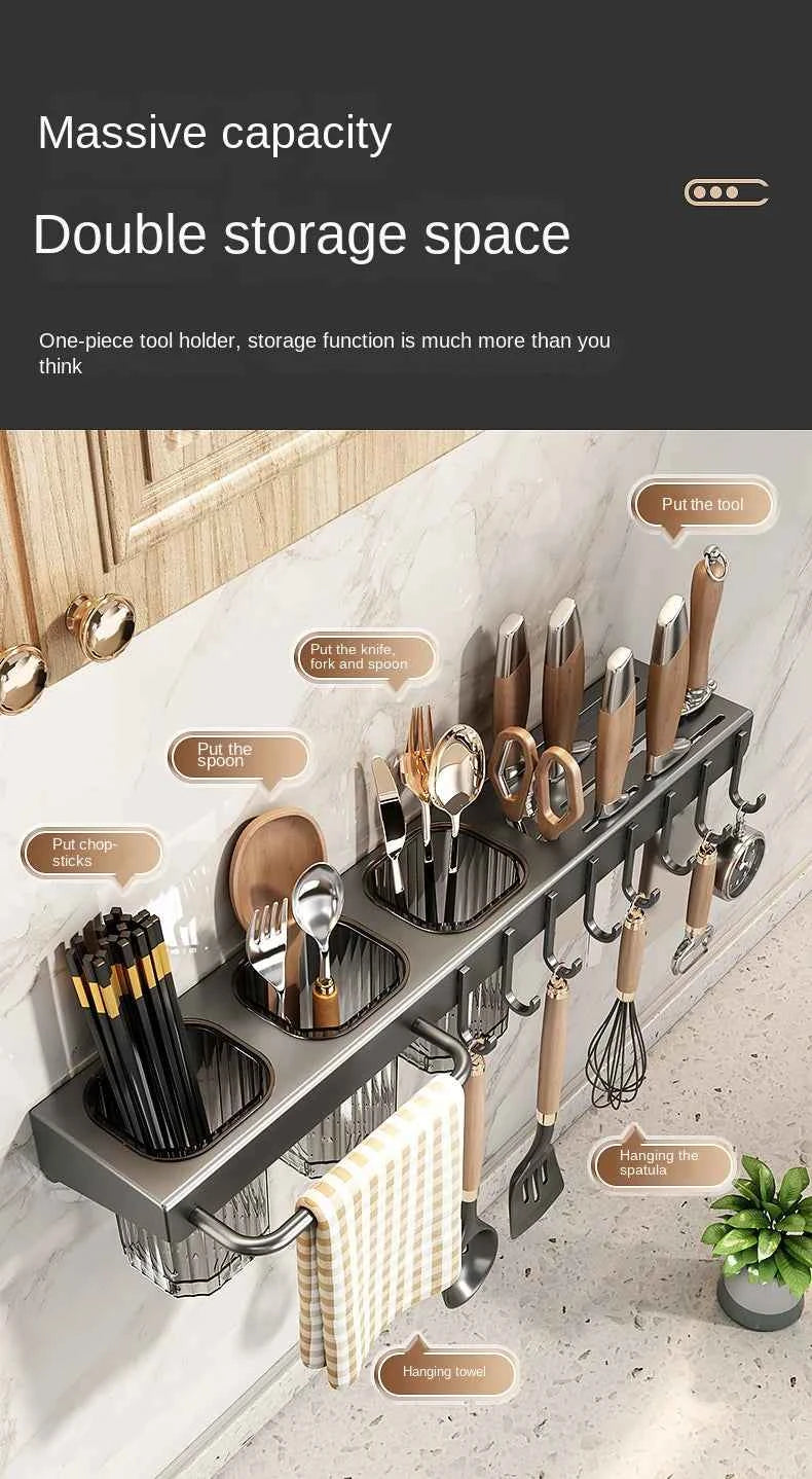 Wall-mounted knife rack for kitchen, multifunctional, no drilling required, knife and utensil holder, chopstick tube, integrated