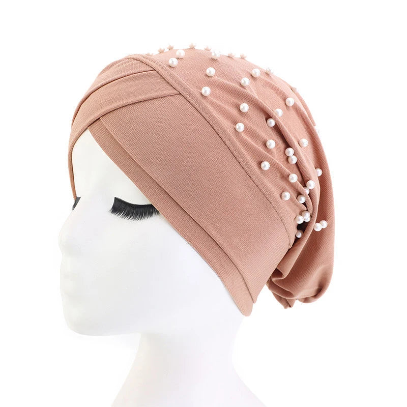 1PC New Women Elastic Turban Hat Muslim Hijab Islamic Beads Cancer Chemo Cap Ladies Hijab Stretch Head Wrap Head Scarf Hair Loss - NamafadStore