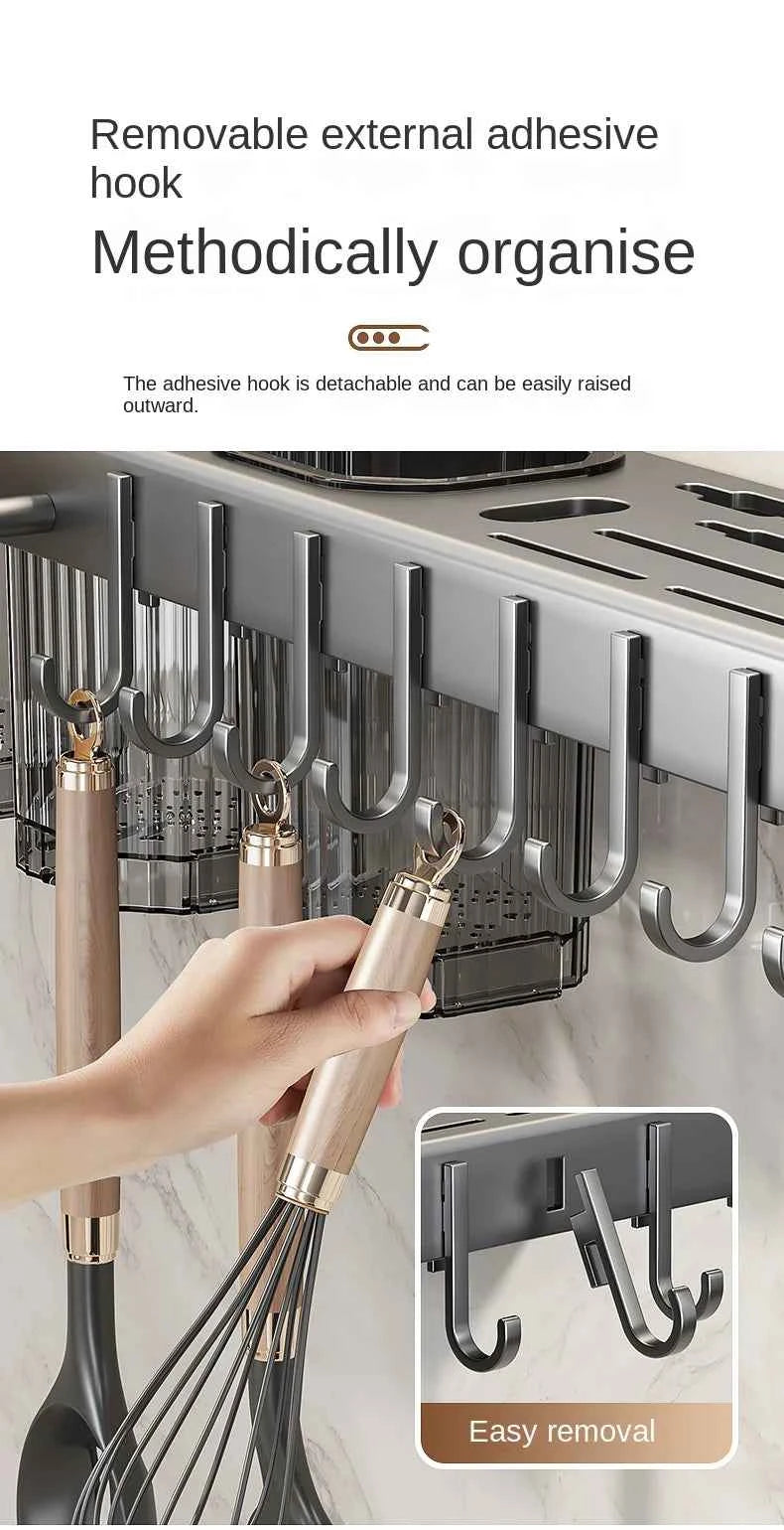 Wall-mounted knife rack for kitchen, multifunctional, no drilling required, knife and utensil holder, chopstick tube, integrated