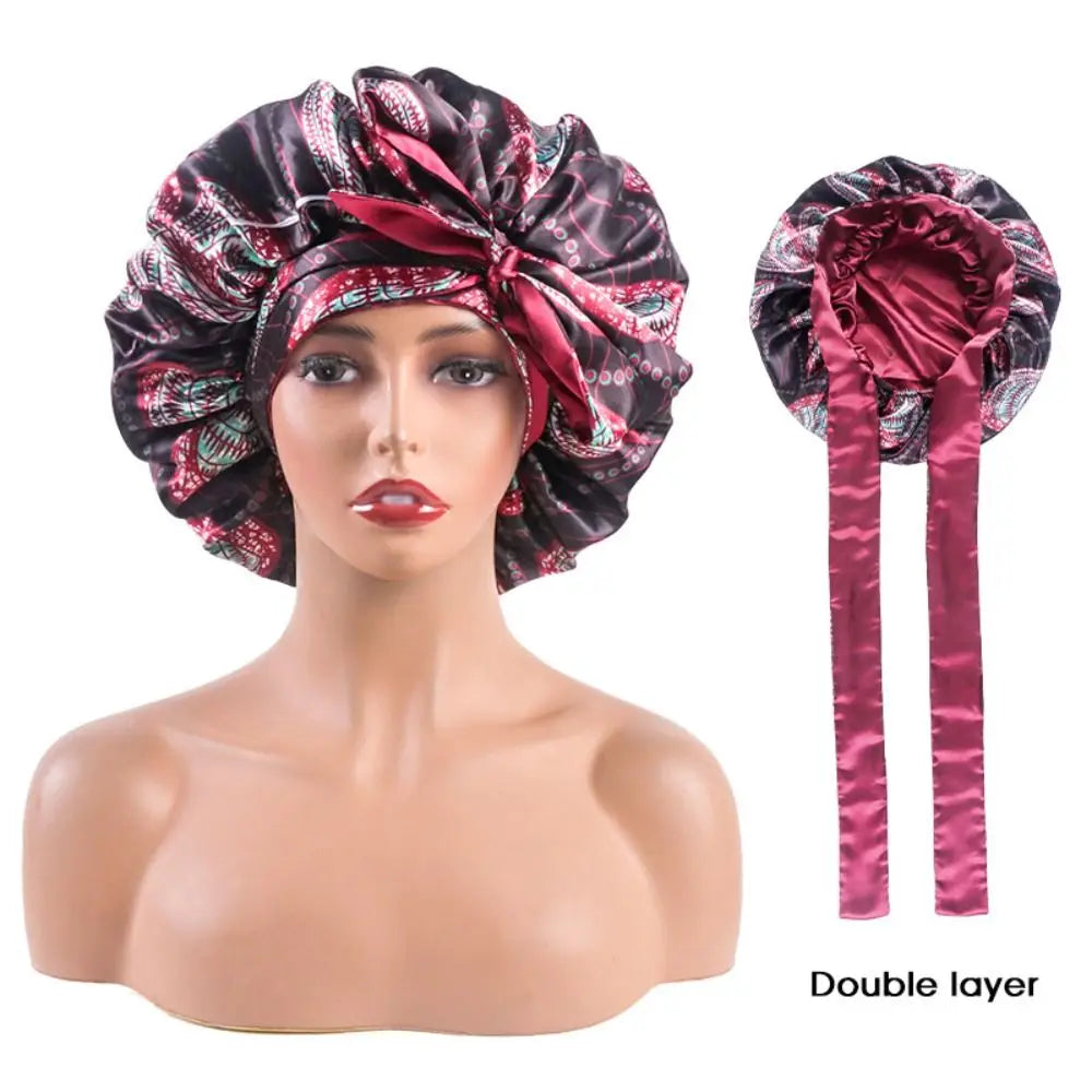 Double-layer Satin Sleep Cap Fashion Adjustable Stretchy Tie Band Silky Satin Bonnet Curly Hair Elastic Hair Cap Sleeping - NamafadStore
