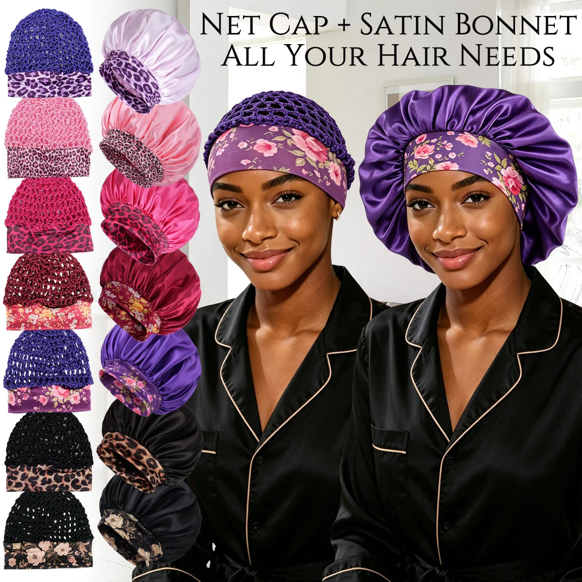 2Pcs Satin Sleep Cap for Curly Hair – Wide-Brim Night Bonnet