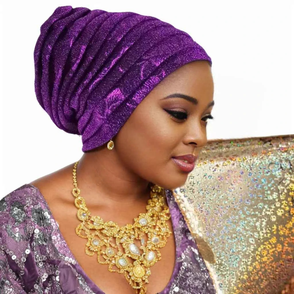 Glitter Full Body Pleated Turban Cap for Women 2025 Lady Head Wraps Muslim Headscarf Hat Turbante Mujer African Headpiece