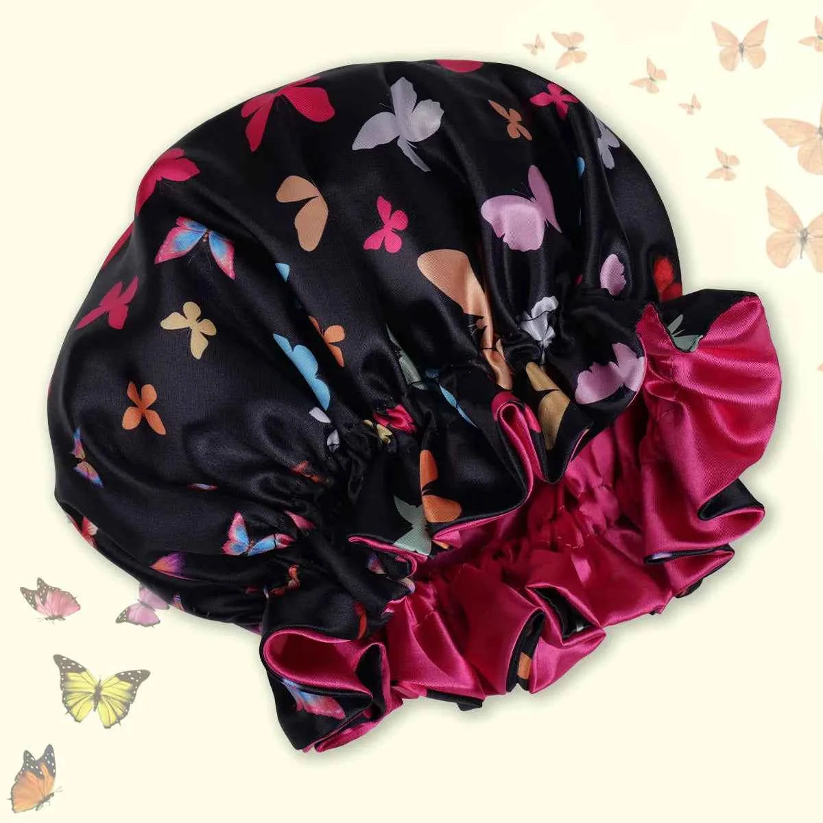 1pc Satin Sleep Bonnet with Butterfly Pattern - Double Layer Sleep Night Cap for Women & Men, Soft Satin Hair Protection