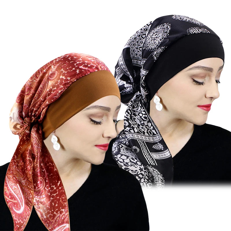 Printed Pre-tie Headscarf Women Elastic Muslim Female Turban Cancer Chemo Hat Hair Loss Cover Head Wrap Headwear Stretch Bandana - NamafadStore
