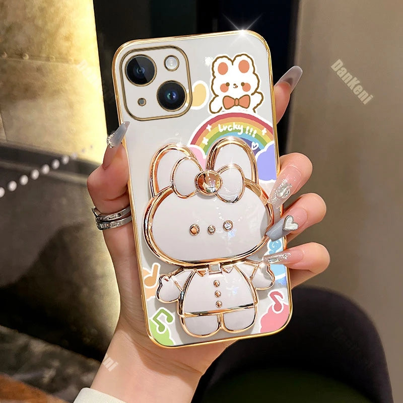 13 14 Lucky Rabbit Holder Bracelet Plating Phone Case For iPhone 13 14 12 15 Pro Max Mini 15 14 Plus XS XSMax XR X Cover