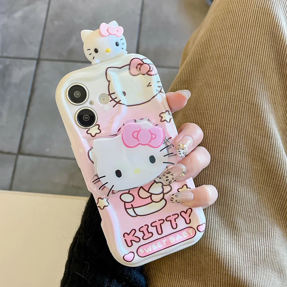 For Samsung Galaxy S25 Ultra S26 S24 FE S23 Plus S22 S21 S20 M55 Pink Kitty Head Grip Tok Holder Cartoon Wave Soft Phone Case