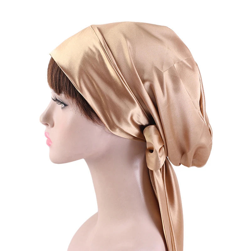 Women Silk Satin Cap Night Sleep Cap Hair Bonnet Hat Head Cover Satin Turban Headscarf Adjustable Ladies Long Hair Care Bonnet - NamafadStore