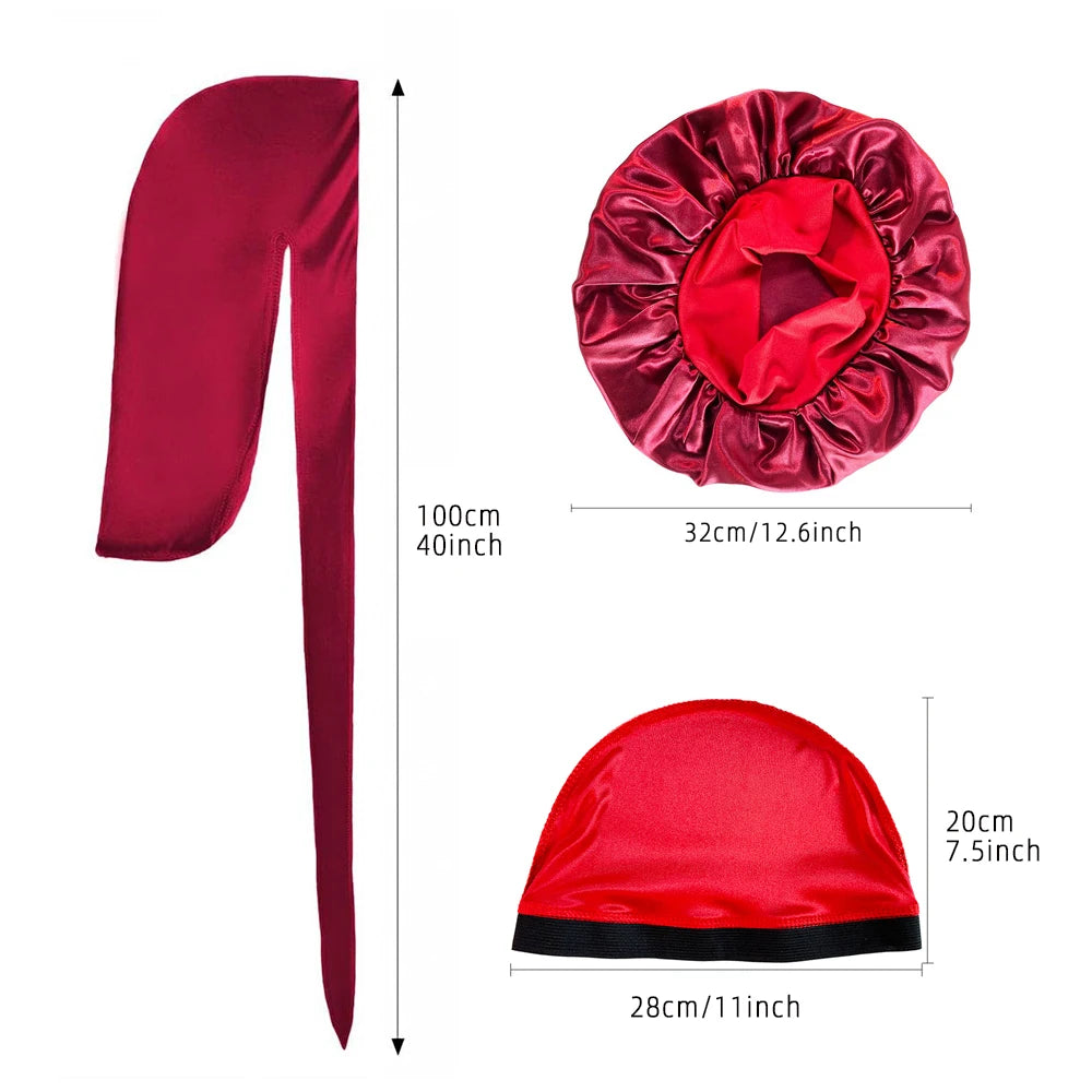 3PCS High Quality Satin Silky Bonnet Unisex Head Wrap Elastic Band Cap Durags Bandanas Long Tail Sleep Shower Cap Turban Hat - NamafadStore