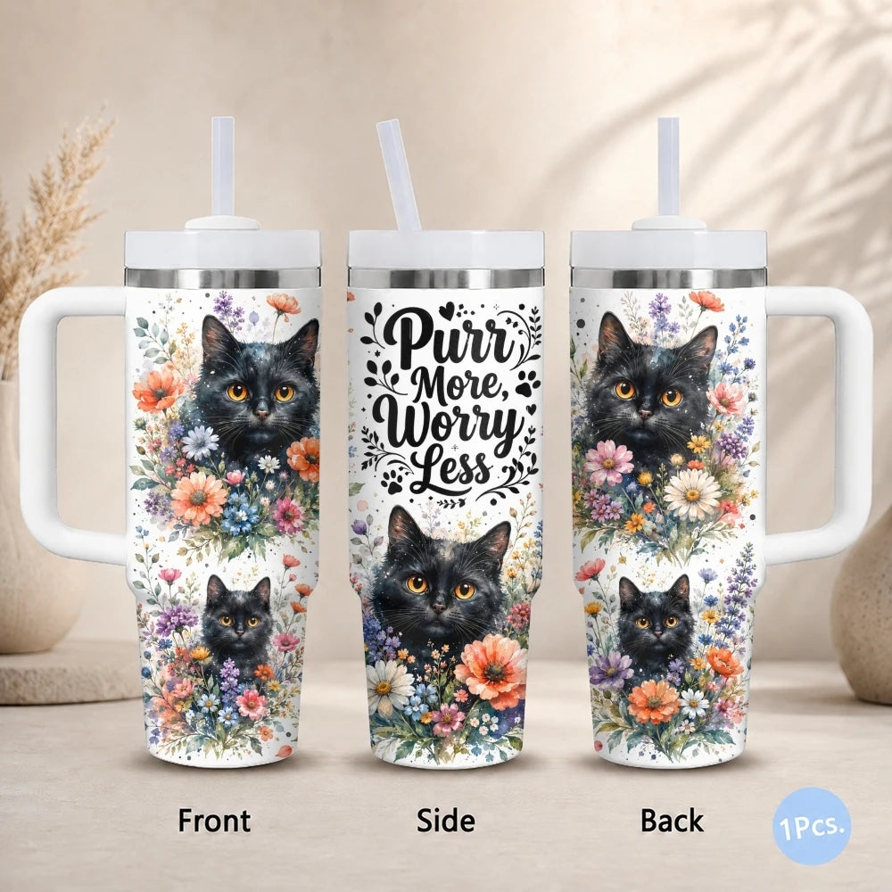 Cat & Floral 40oz Tumbler – Cute Stainless Steel Insulated Cup with Straw