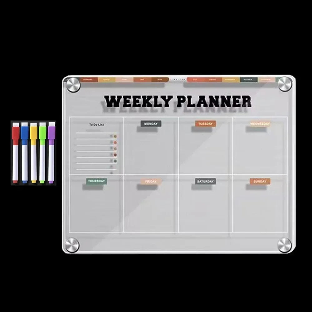 3D Magnetic Acrylic Weekly Planner – Reusable Fridge Calendar with 5 Markers