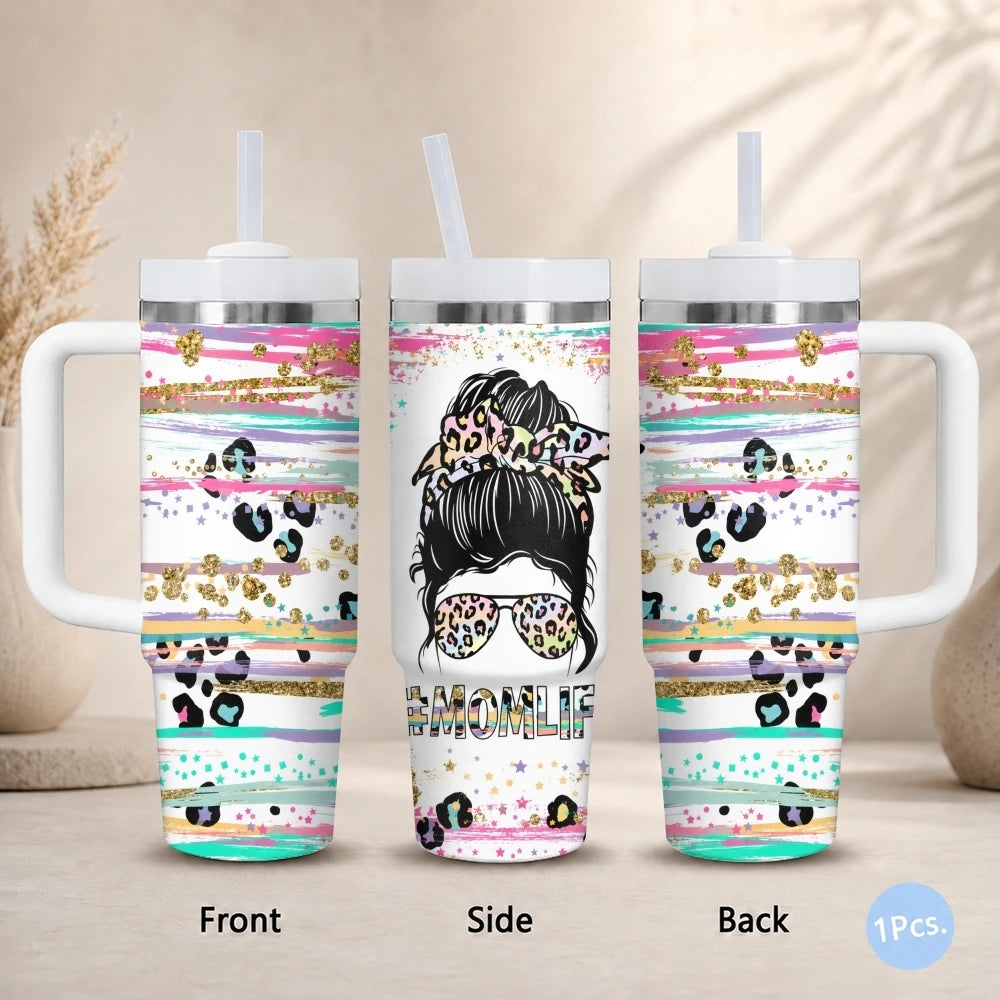 Mom Life 40oz Tumbler – Stainless Steel Insulated Travel Cup with Handle & Straw