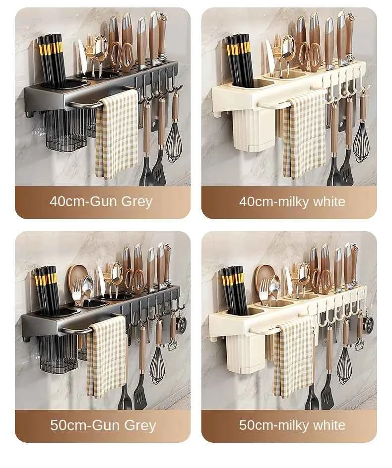 Wall-mounted knife rack for kitchen, multifunctional, no drilling required, knife and utensil holder, chopstick tube, integrated