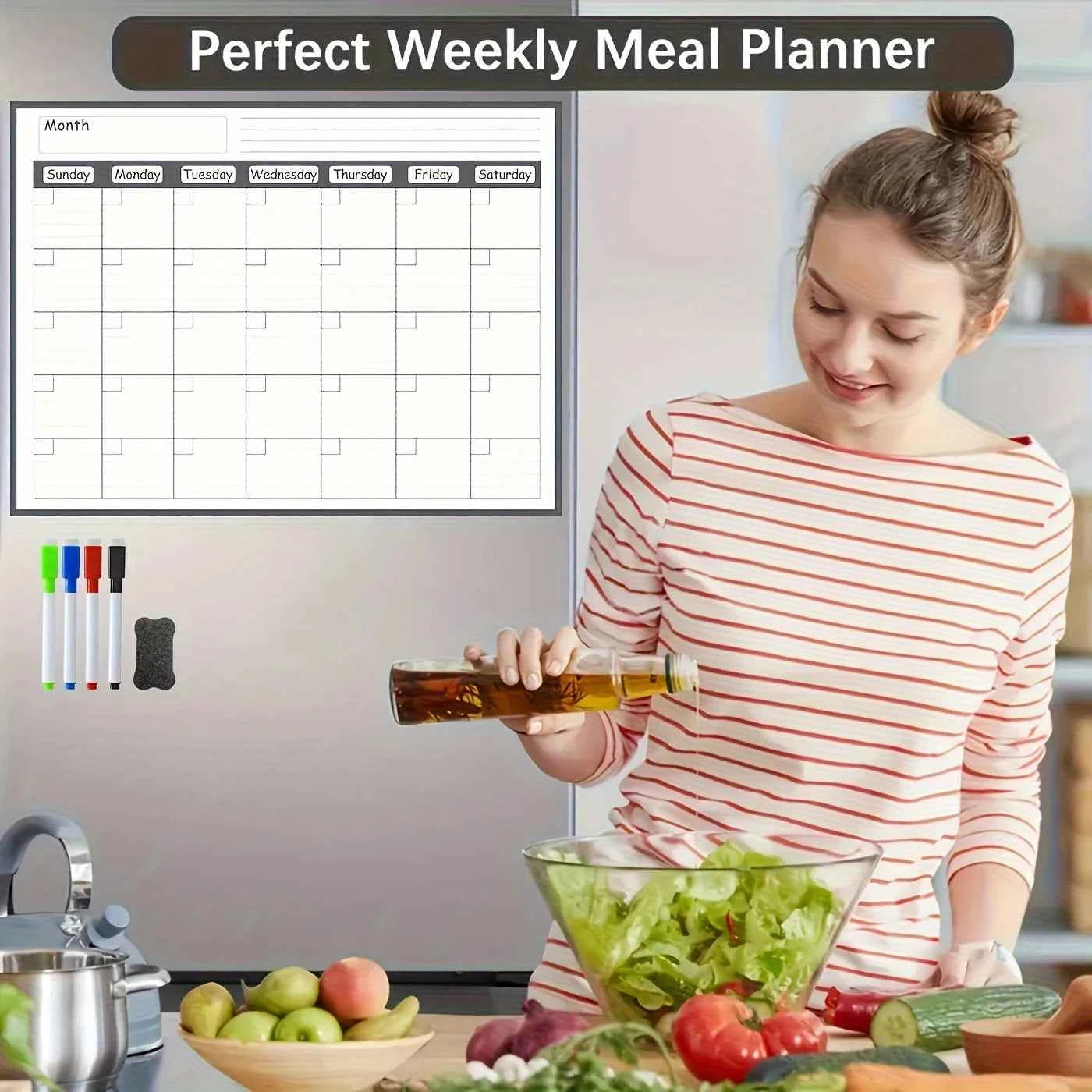Magnetic refrigerator calendar planner is erasable and reusable, making it easy to organize kitchen refrigerators and meal plans