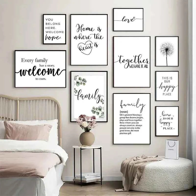 Happy Family Quote Wall Art Black White Poster Love Heart Print Nordic Canvas Painting Minimalist Picture Living Bedroom Decor