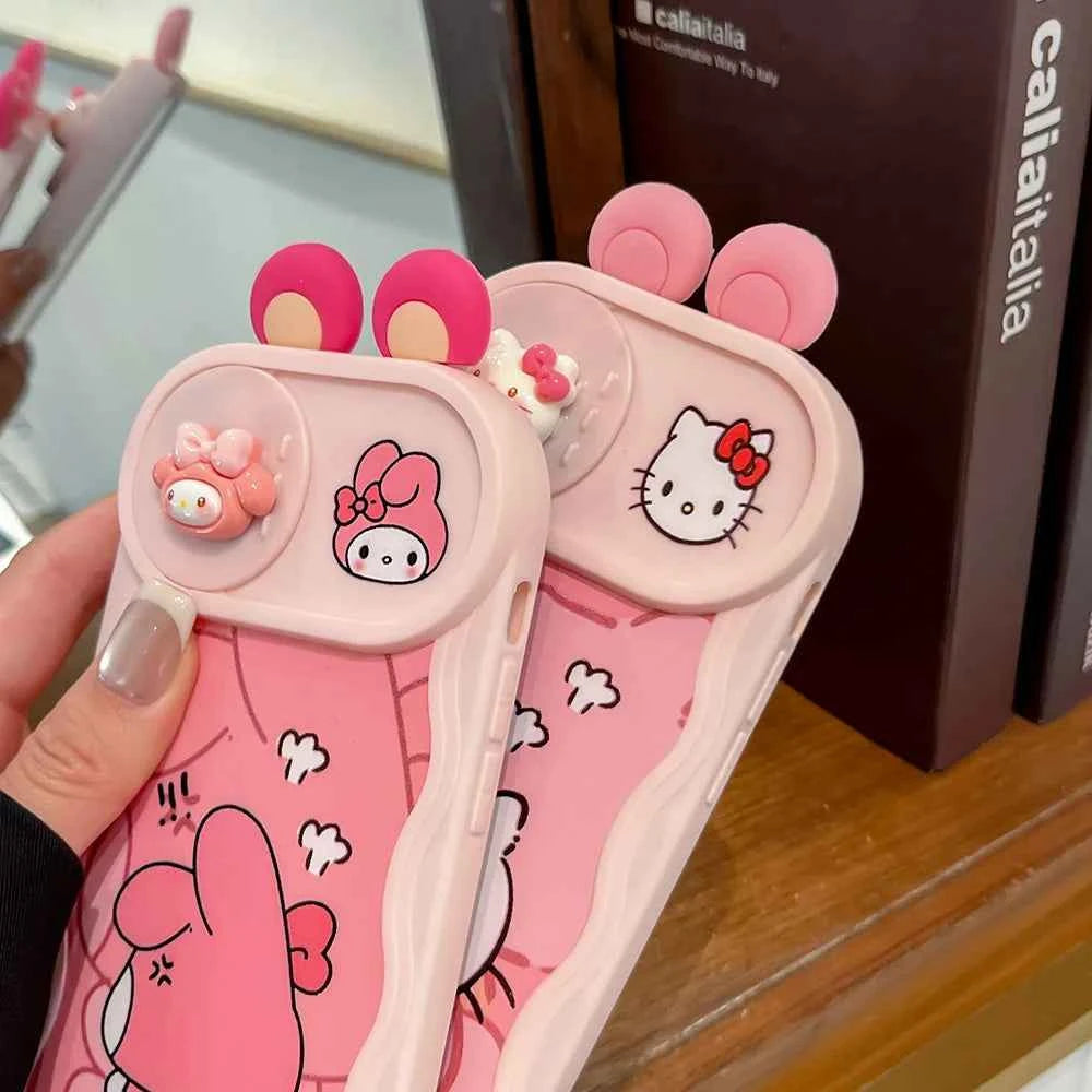 3D Ears Toy Kitty Kuromi Melody Cartoon Sliding Camera Case for iPhone 16 Pro Max 11 12 13 Pro 14 Plus 15 XS XR Wave Phone Capa
