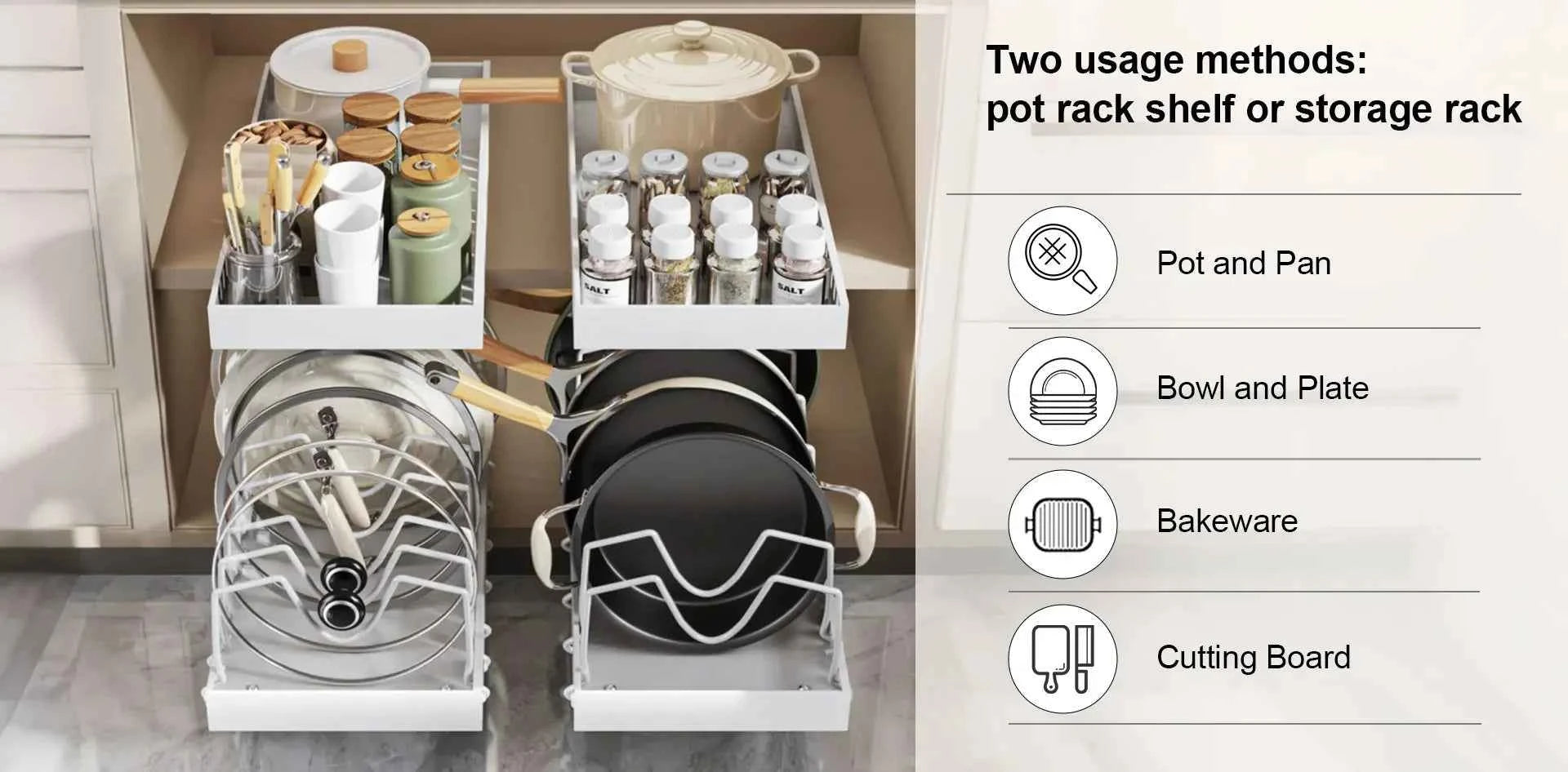 1Pc Kitchen Multifunctional Organizer Pull Out for Pots/Pans Sliding Lid Holder Spice Rack & Dish Drying Racks Drawer Organizer