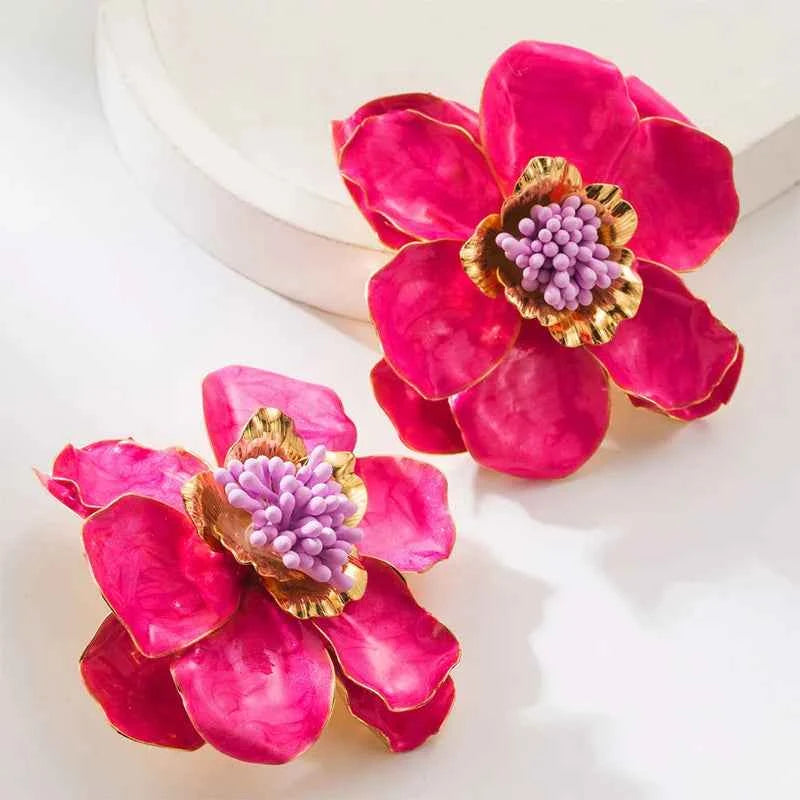 Two-tone Large Metal Flower Enamel Post Earrings For Women Fashion Jewelry Holiday Accessories Wholesales Trendy New Style MQ644