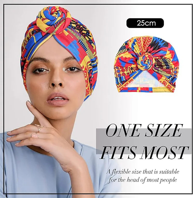 New African Print Pleated Turban Floral Beanie Knot Flower India Head Wrap Elegant Women Chemo Cap Bandana Headwear Head Cover - NamafadStore