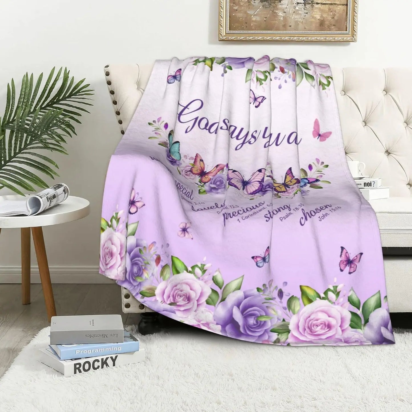 Purple Roses Butterfly Faith Blanket – Religious Fleece Throw for Home