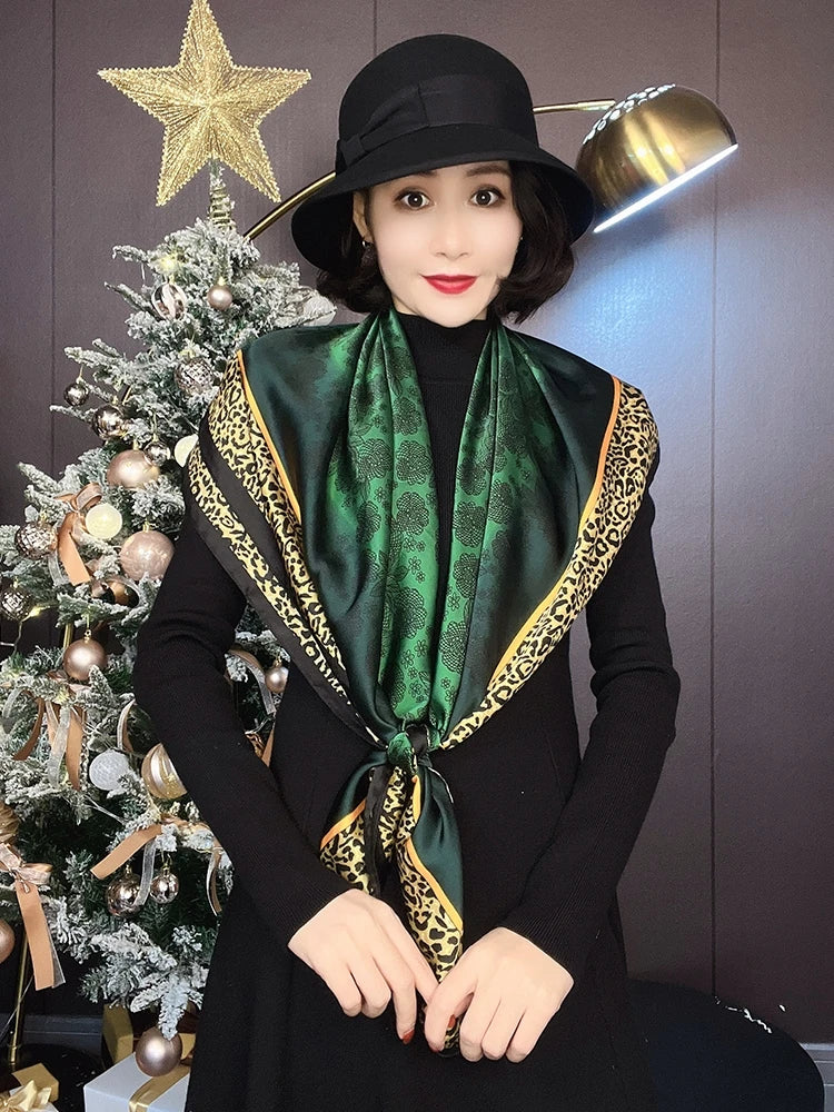 [BYSIFA] New Emerald Green Silk Scarf Women Brand Leopard Printed Square Scarves 90*90cm Fashion Accessories Headscarves Hijabs - NamafadStore