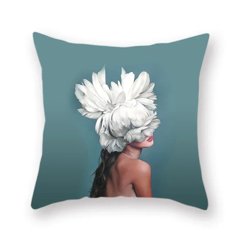 Woman Flower Head Decoration Double-sided Printed pillow cover Short plush Suitable living rooms bedrooms throw cushion cover