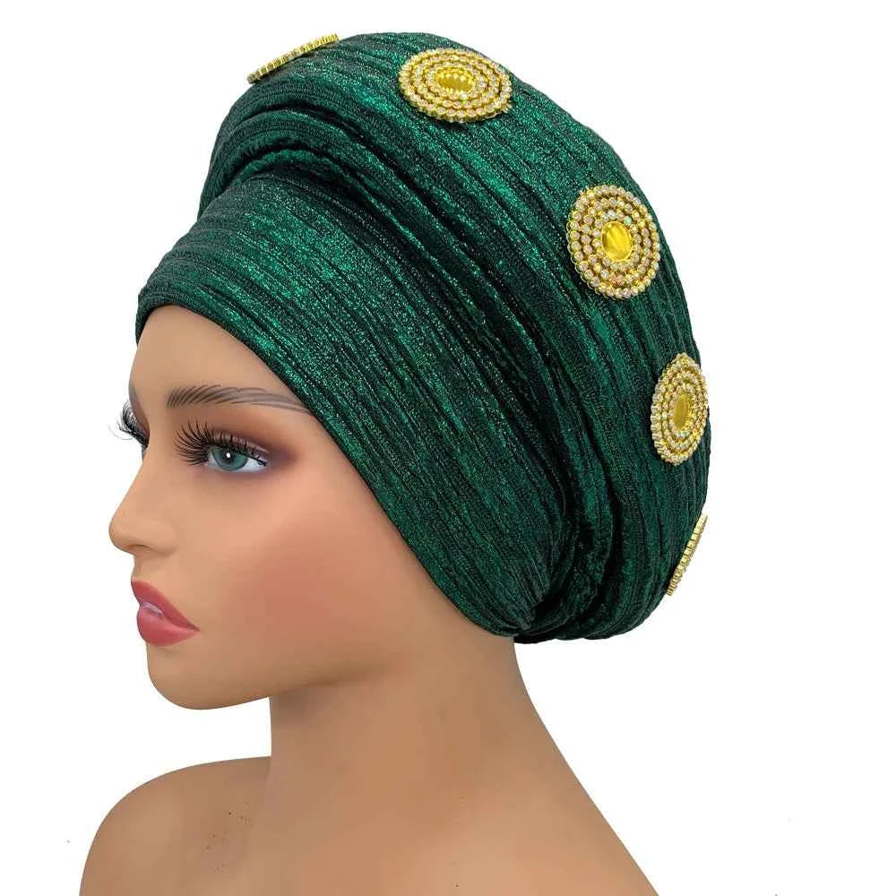 Already Made African Headtie Glitter Diamonds Women's Turban Cap Female Head Wraps Nigeria Wedding Auto Geles Party Headwear Hat