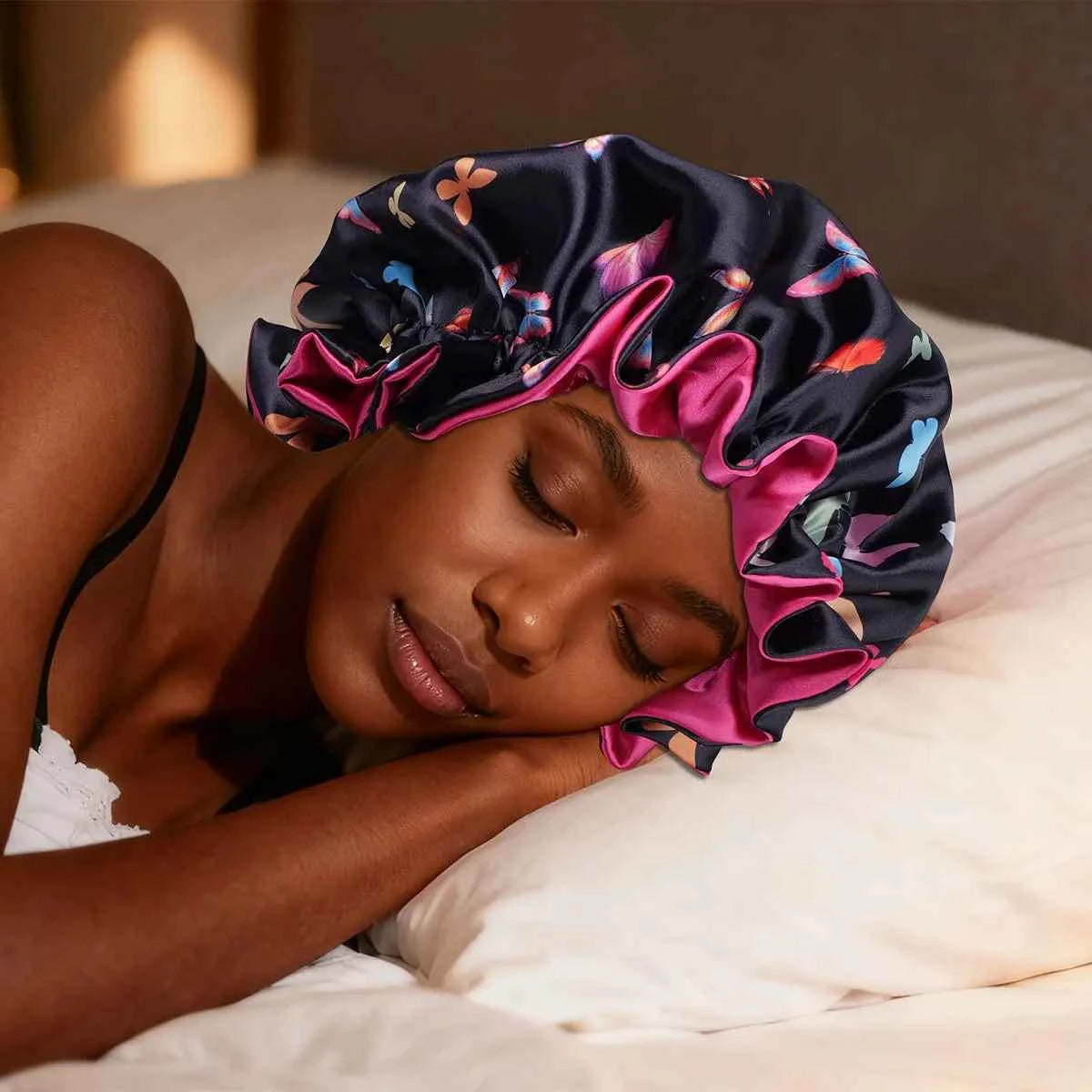 1pc Satin Sleep Bonnet with Butterfly Pattern - Double Layer Sleep Night Cap for Women & Men, Soft Satin Hair Protection