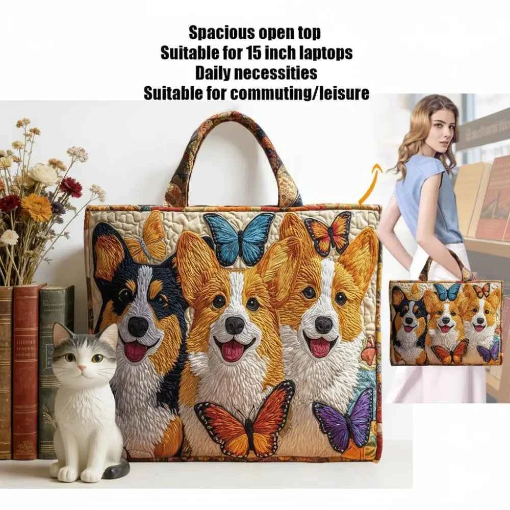 Vintage Women Quilted Tote Bag Lightweight Cotton Travel Handbag 2D Printed Patterns Large Capacity Canvas Shoulder Bag
