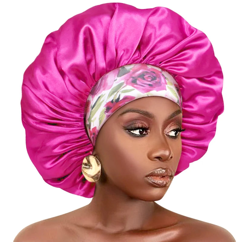 New Big Size Floral Print Bonnet Satin Wide Elastic Band Beanie Night Sleep Caps Head Cover African Headwrap Turban Chemo Caps - NamafadStore