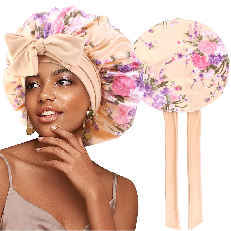 New Flower print Silky Bonnet For Sleeping Satin Hair Bonnet With Tie Band Hair Cover Night Shower Cap For Natural Curly Hair - NamafadStore