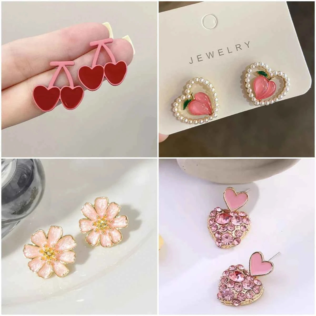Fashion Pink Crystal Heart Flower Earrings for Women Cute Party Romantic Hollow Leaf Peach Triangular Cherry Pearl Ear Jewelry