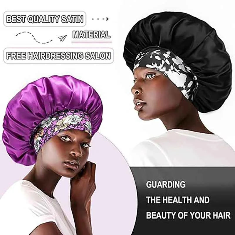 Large Women Satin Bonnet Night Hat Flower Print Elastic Wide Band Sleeping Cap Women Hair Care Shower Cap Hats Head Wrap