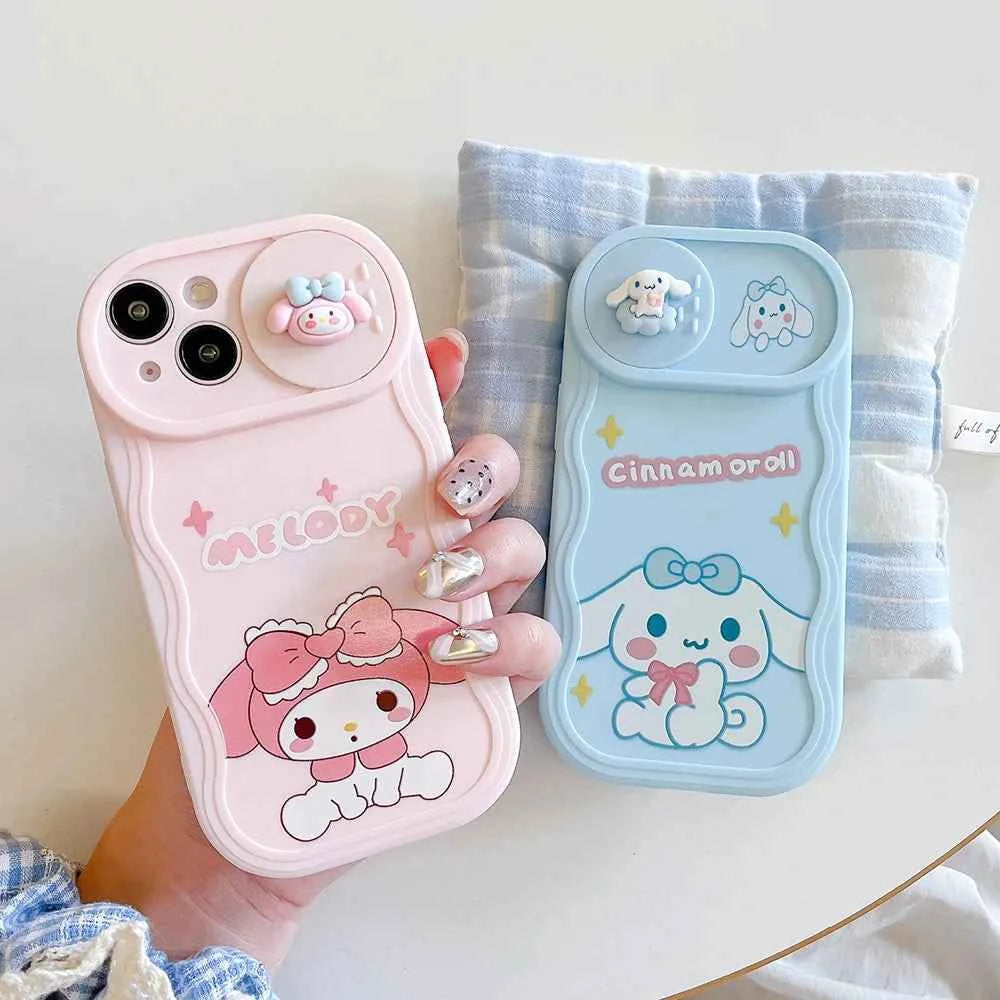 Cute Rabbit Dog Cartoon Sliding Camera Wave Phone Case for iPhone 7 8 15 Plus 14 Pro Max 13 Pro 12 11 X XS Max XR 16 Capa