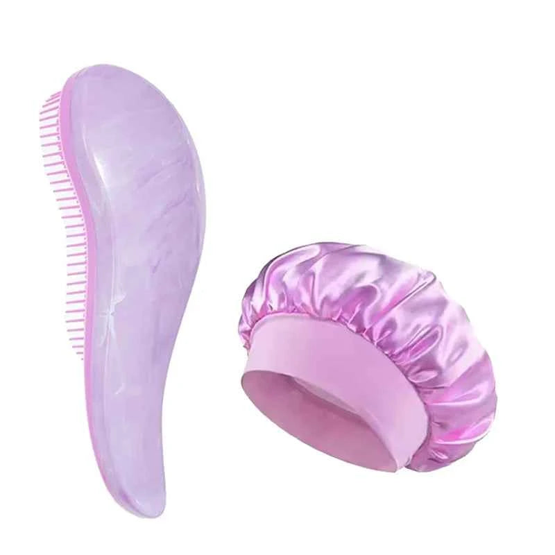 2/4Pcs Hair Care Set Scalp Massage Detangling Comb + Satin Sleep Cap + 2 Hair Scrunchies, Anti-Frizz Hair Accessories for Women