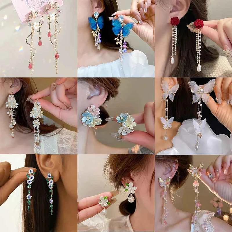 Luxury Flower Butterfly Long Tassel Drop Earrings for Women Exquisite Crystal Zircon Earrings Daily Accessories Party Jewelry